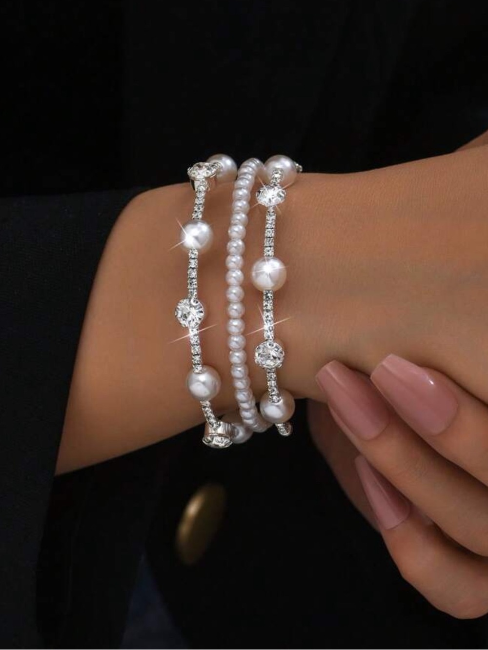 Elegant White Pearl & Silver Crystal Bracelet Set - Women Jewelry